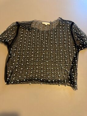 Black Sheer Pearl-Embellished Short Sleeve Top